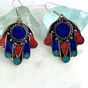 Tibetan Silver Turquoise Lapis Lazuli  Red Coral Hamsa Dangle Earrings